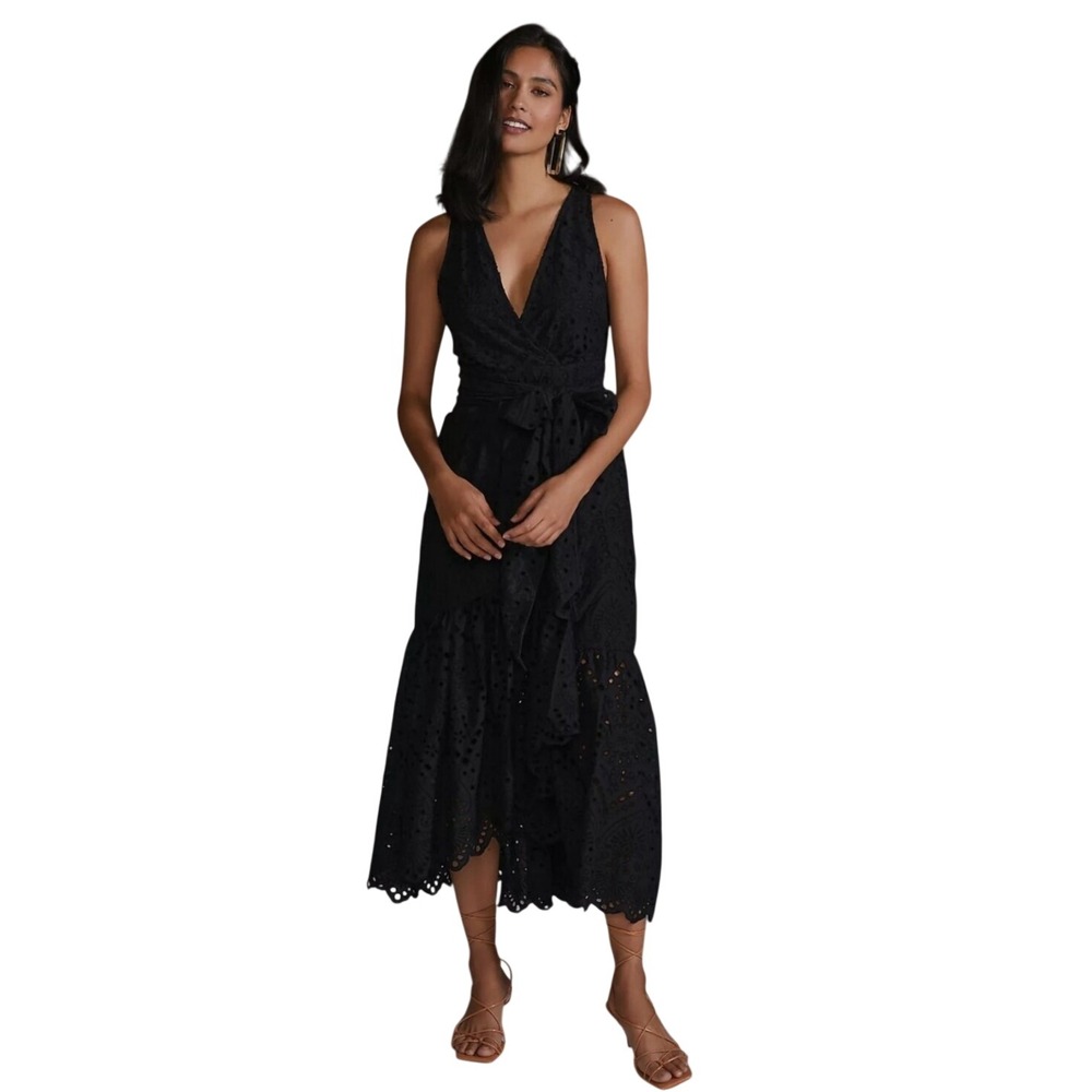 Maeve Anthropologie Eyelet Midi Dress‎ Womens 0P Black Ruffle High-Low Tie Waist